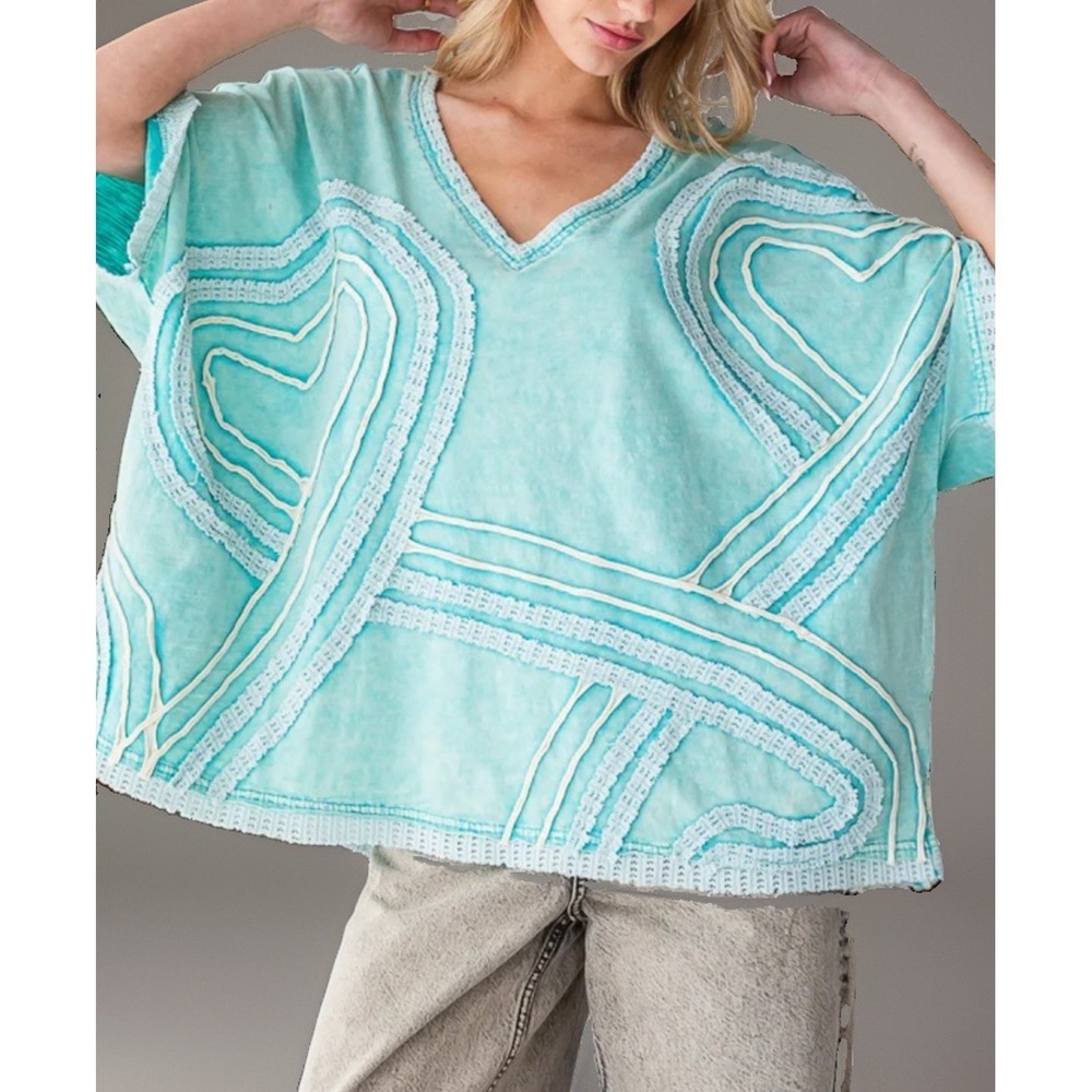 Oli & Hali Oversized Popover Knit Top Mineral Wash Aqua‎ Embroidered Heart Large